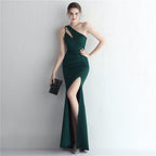 Women's Satin Slim Fit One-Shoulder Long Debutante Gala Dinner Slim Fit Dress