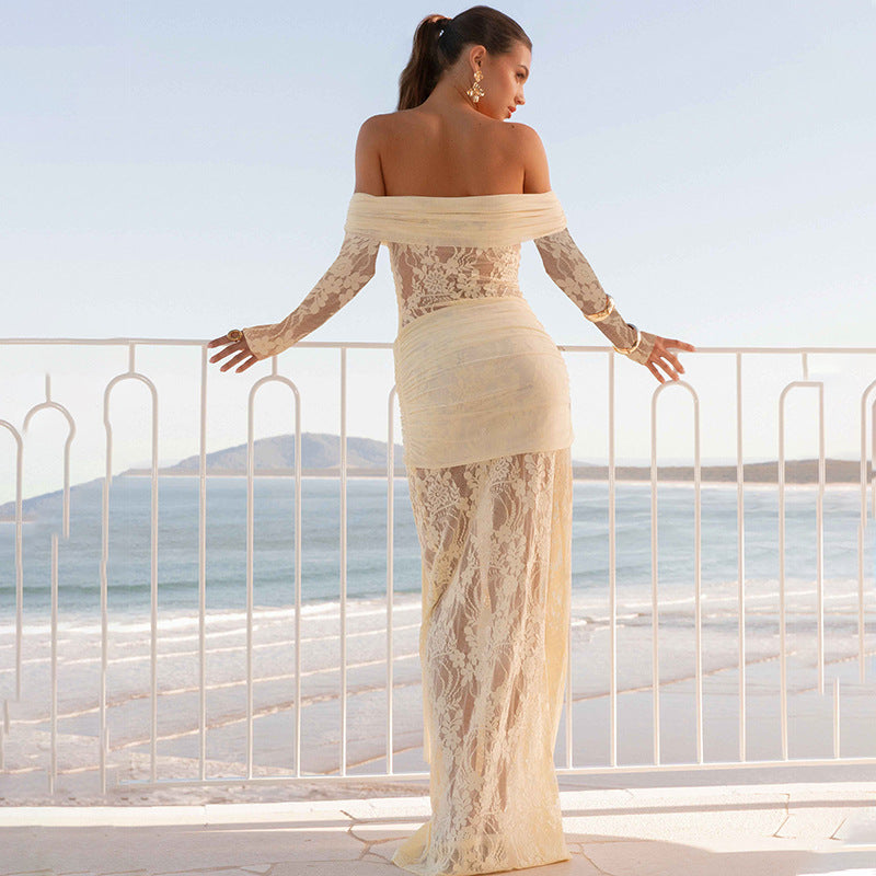 Women's Off-Shoulder Lace Long-Sleeve Maxi Dress