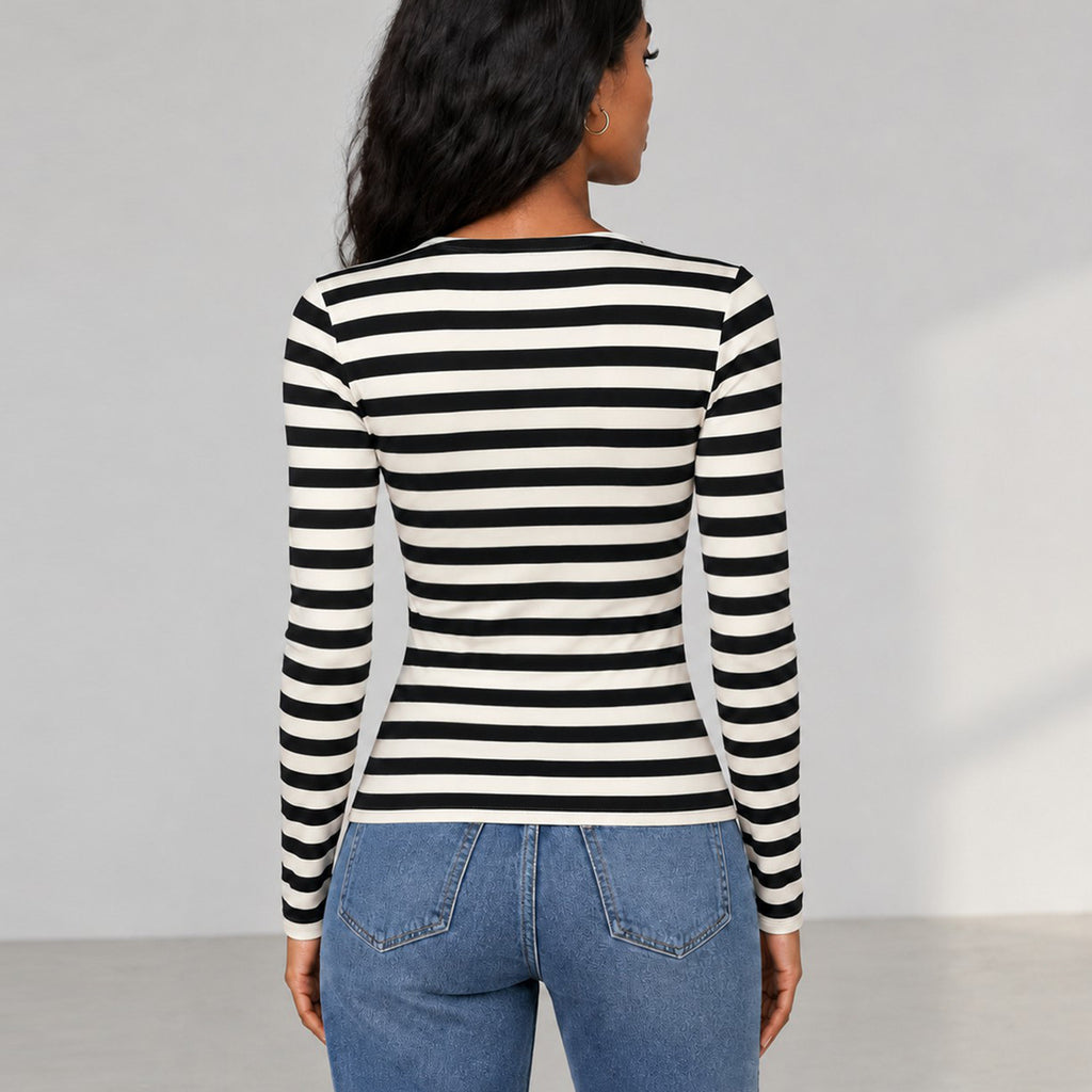 Women's Black-And-White Striped Deep-V Top