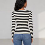 Women's Black-And-White Striped Deep-V Top