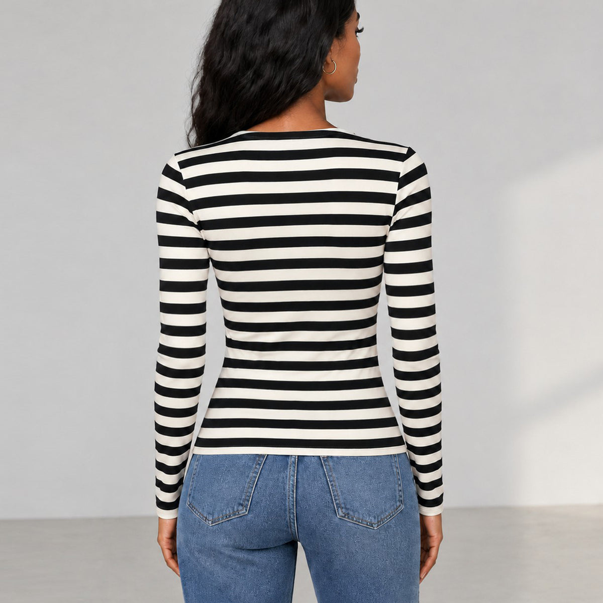 Women's Black-And-White Striped Deep-V Top