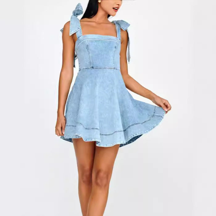 Women's Spring Summer Office Suspenders Denim Dress