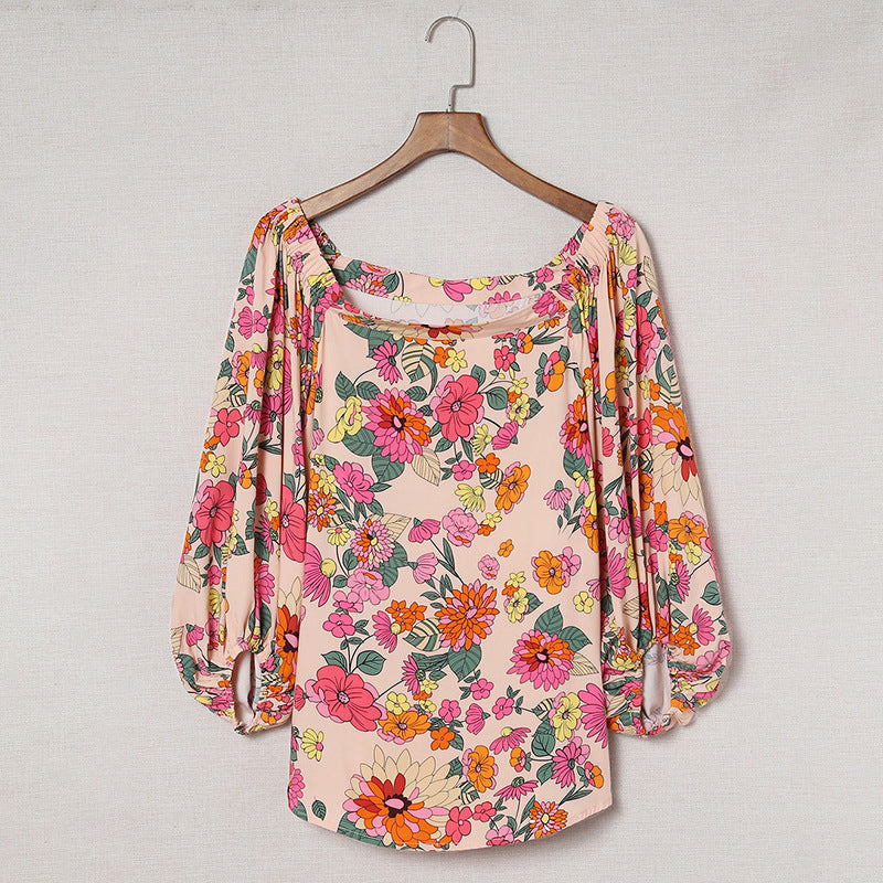 Women's Oblique Shoulder Tops Women Spring Autumn Plant Floral Printed Loose Long Sleeves T-Shirt Women