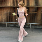Women's Spring Sexy Cropped Halterneck Vest Slim High Waist Bootcut Pants Set