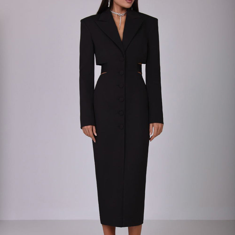 Women's Collared Cutout Button Long-Sleeve Office Dress