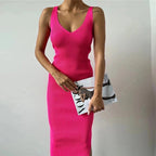 V-Neck Sleeveless Split Knit Bodycon Midi Dress
