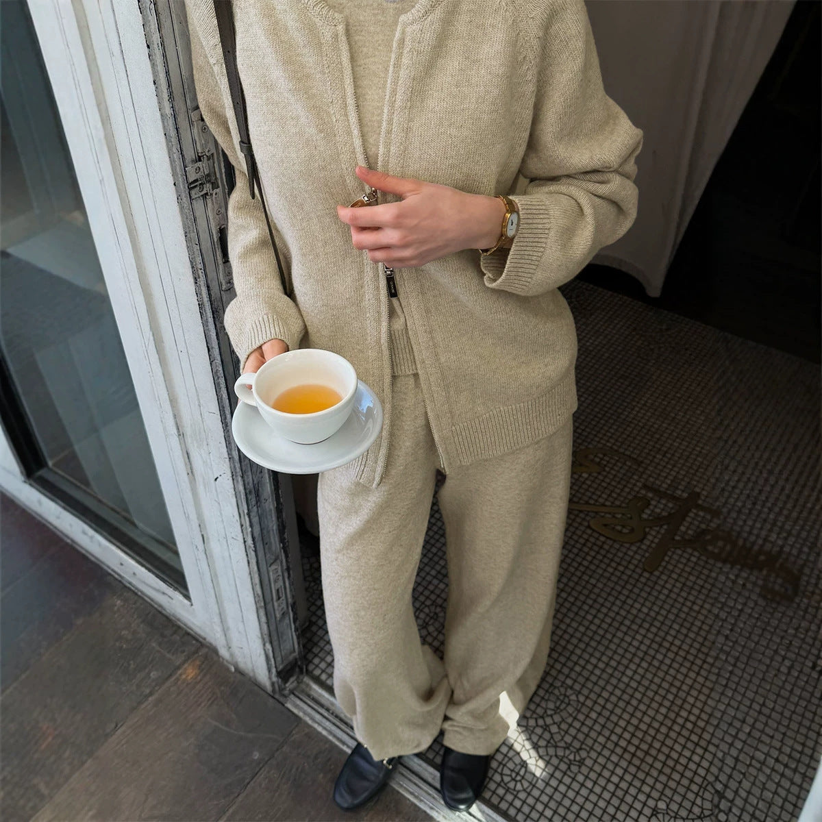Women's Knitted Cardigan And Wide-Leg Pants Set