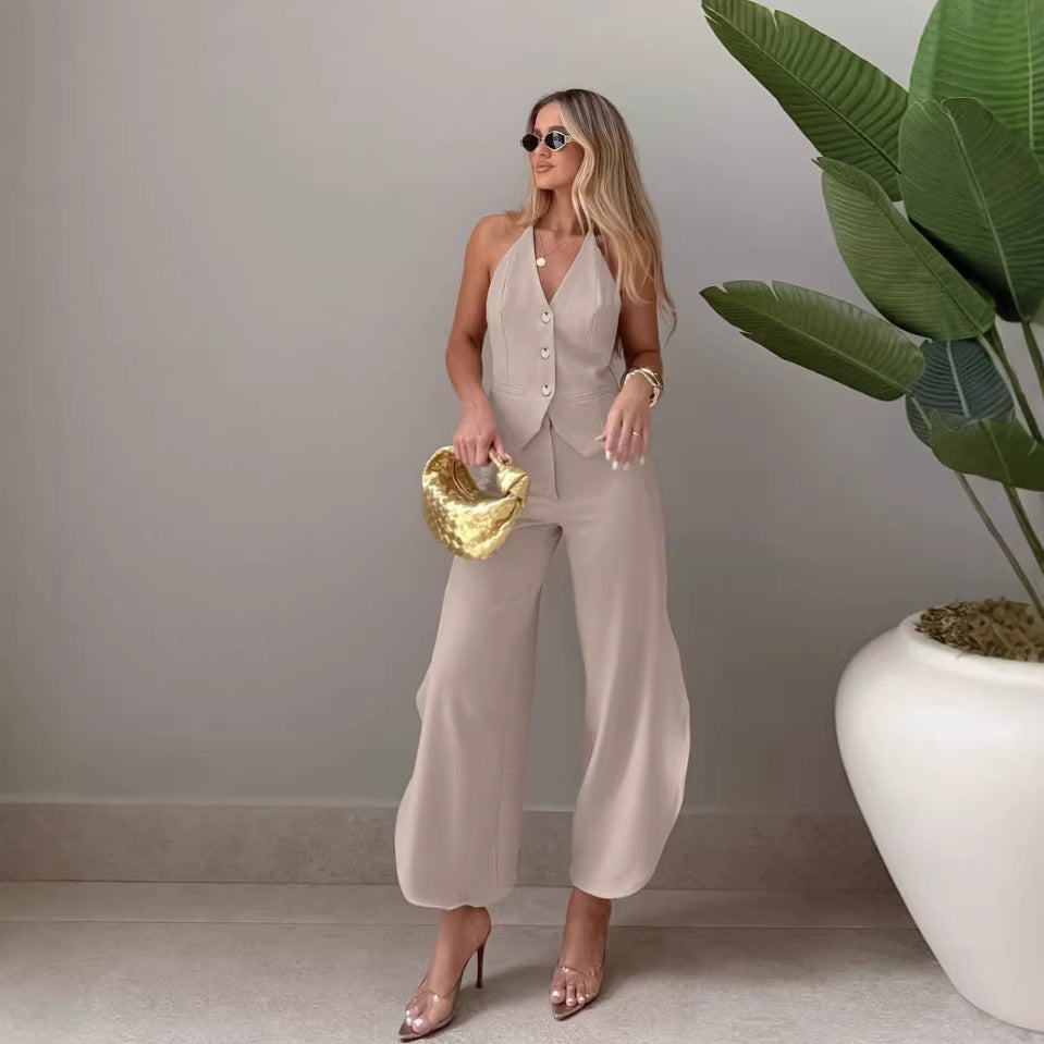 Women's Khaki Sleeveless Halter Self Tie Slit Small Tank Top Two-Piece Set