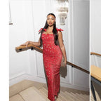 Embroidered Bow Spaghetti-Strap Split Maxi Dress