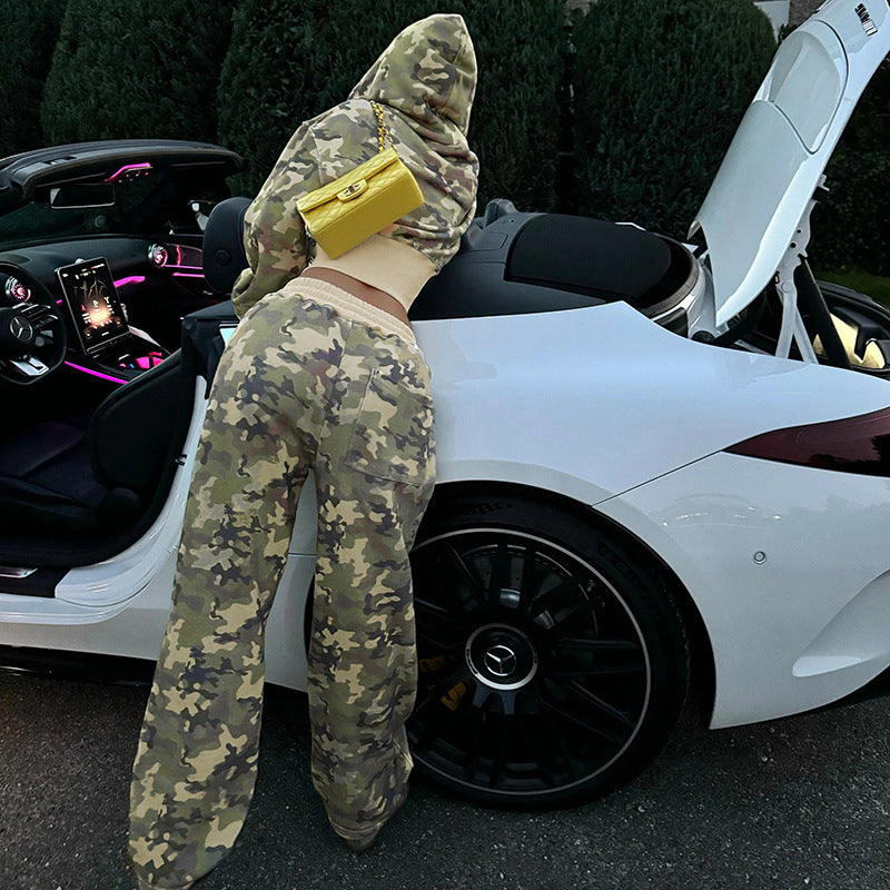 Women's Casual Contrast Color Cinched Hoodie Long Sleeve Sweatshirt Sweatpants Two Piece Camouflage Cardigan Coat Trousers Sets