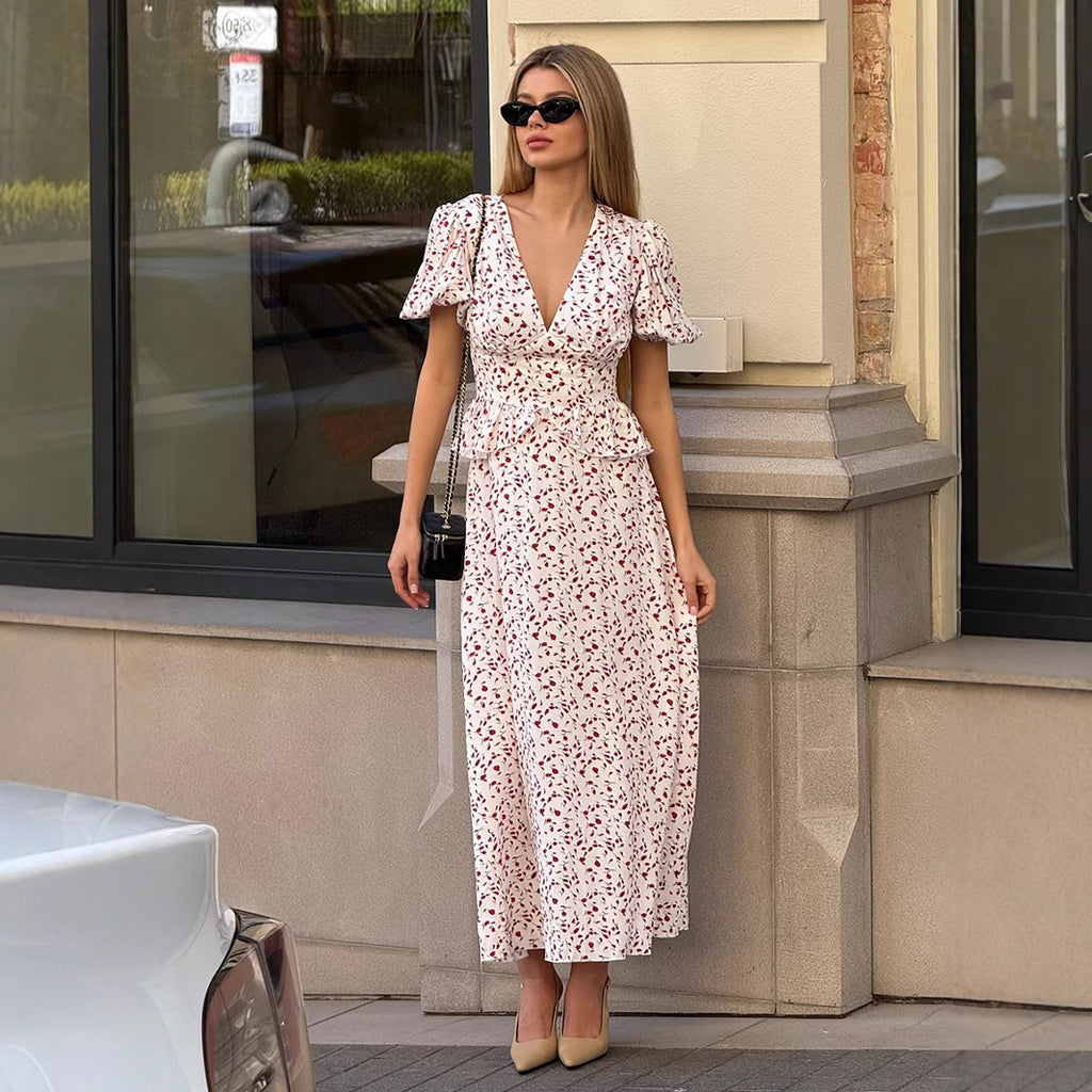 Floral V-Neck Summer Printed Maxi Puff Sleeve Dress