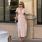 Floral V-Neck Summer Printed Maxi Puff Sleeve Dress