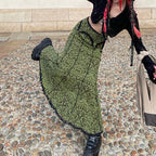 Women's Retro Printing Reverse Stitching Lace Edge Irregular Skirt
