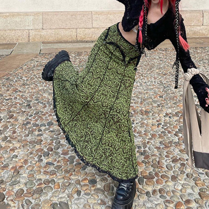 Women's Retro Printing Reverse Stitching Lace Edge Irregular Skirt