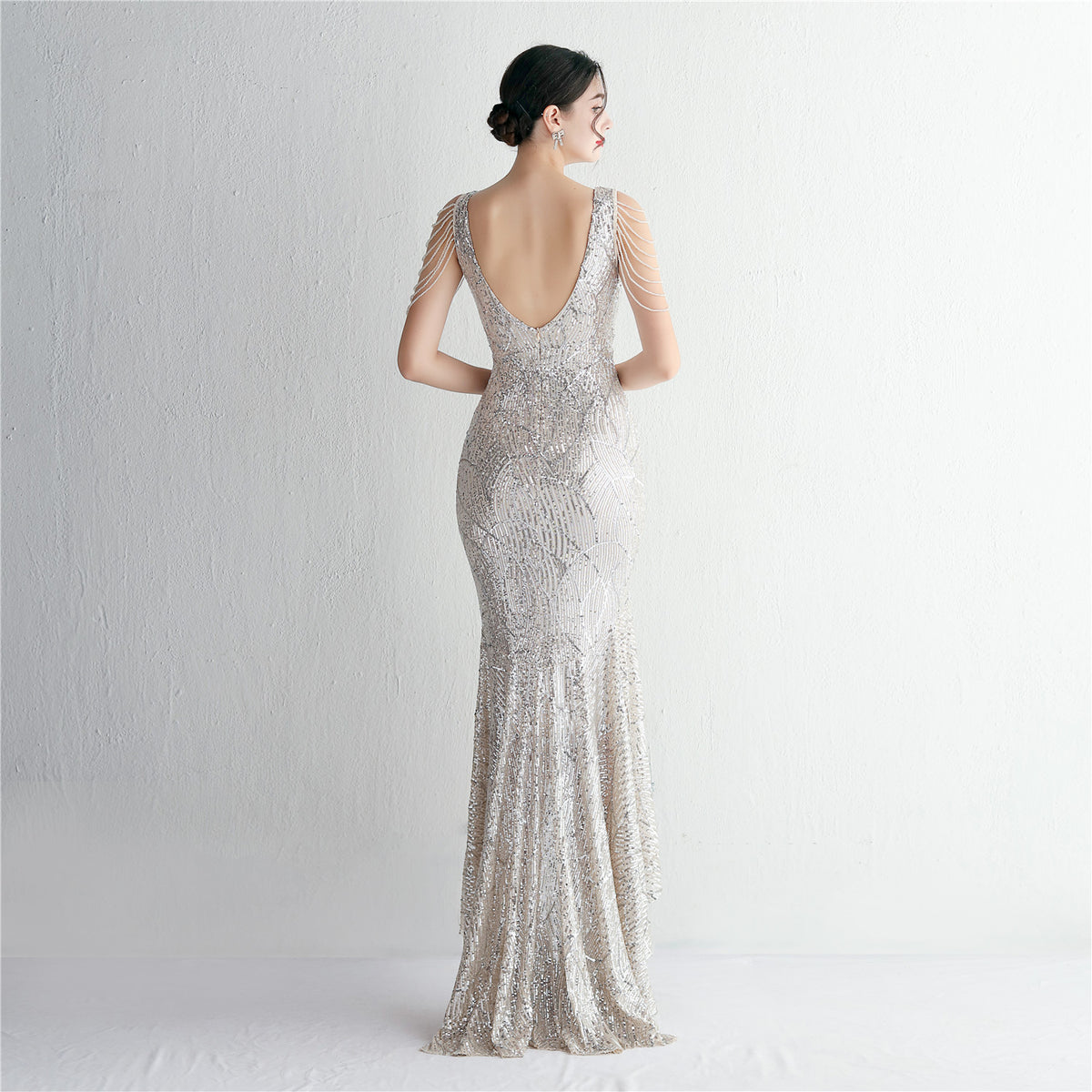 Women's Sequin Beaded Party Dress Long Cocktail Slim Fit Evening Dress