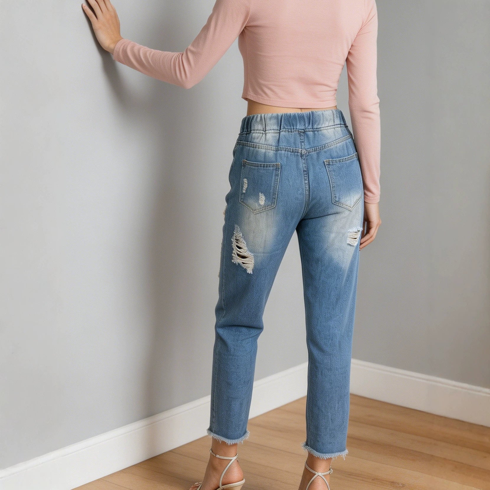 Ripped Drawstring EW Design Comfortable Women Denim
