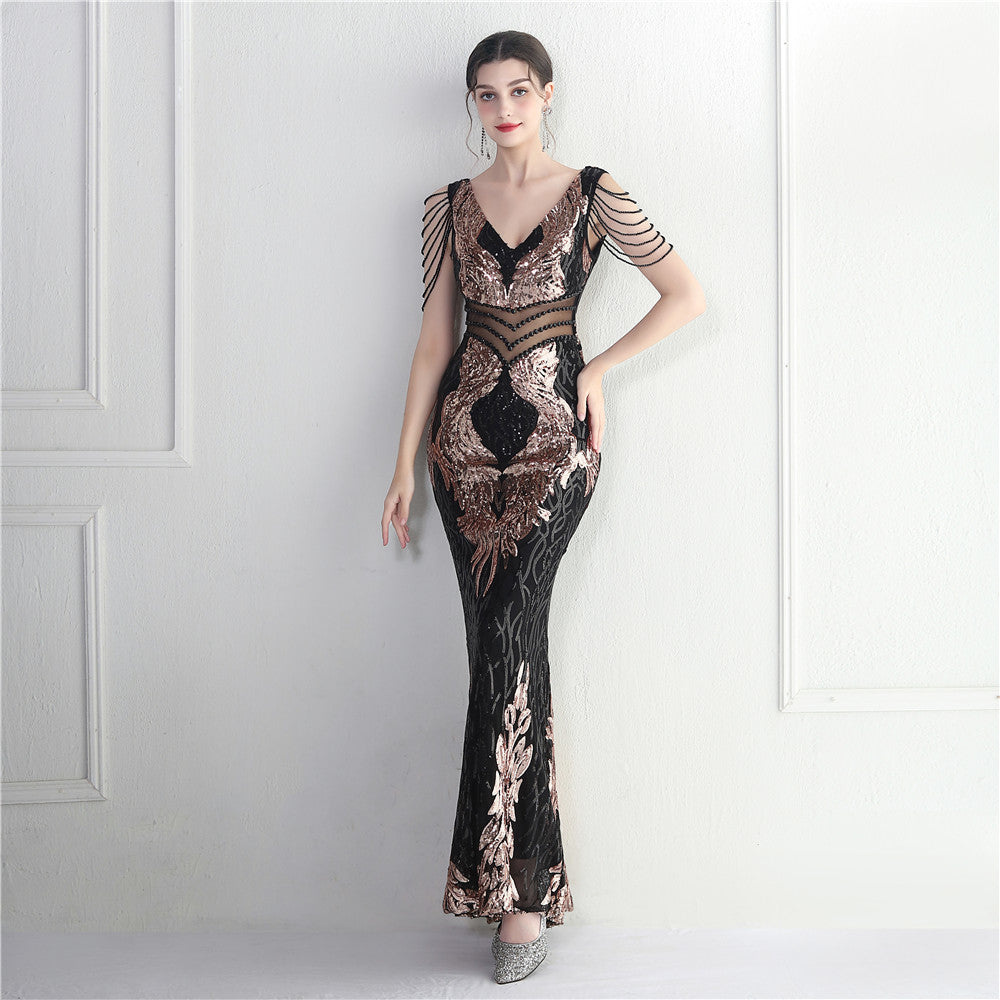 Women's Positioning Floral Heavy Industry Beaded Long Fish Tail Evening Dress Suitable Attending Formal Occasions