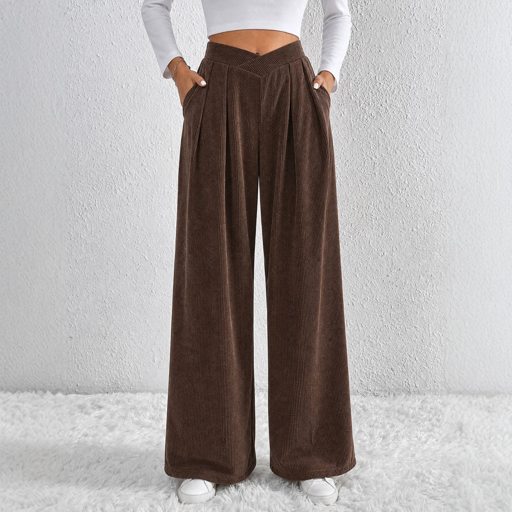 Autumn Winter Retro Coffee Color Wide Leg Pants Women V Shaped Waist Pleated Casual Loose Trousers