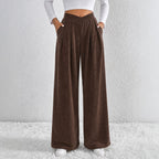 Autumn Winter Retro Coffee Color Wide Leg Pants Women V Shaped Waist Pleated Casual Loose Trousers