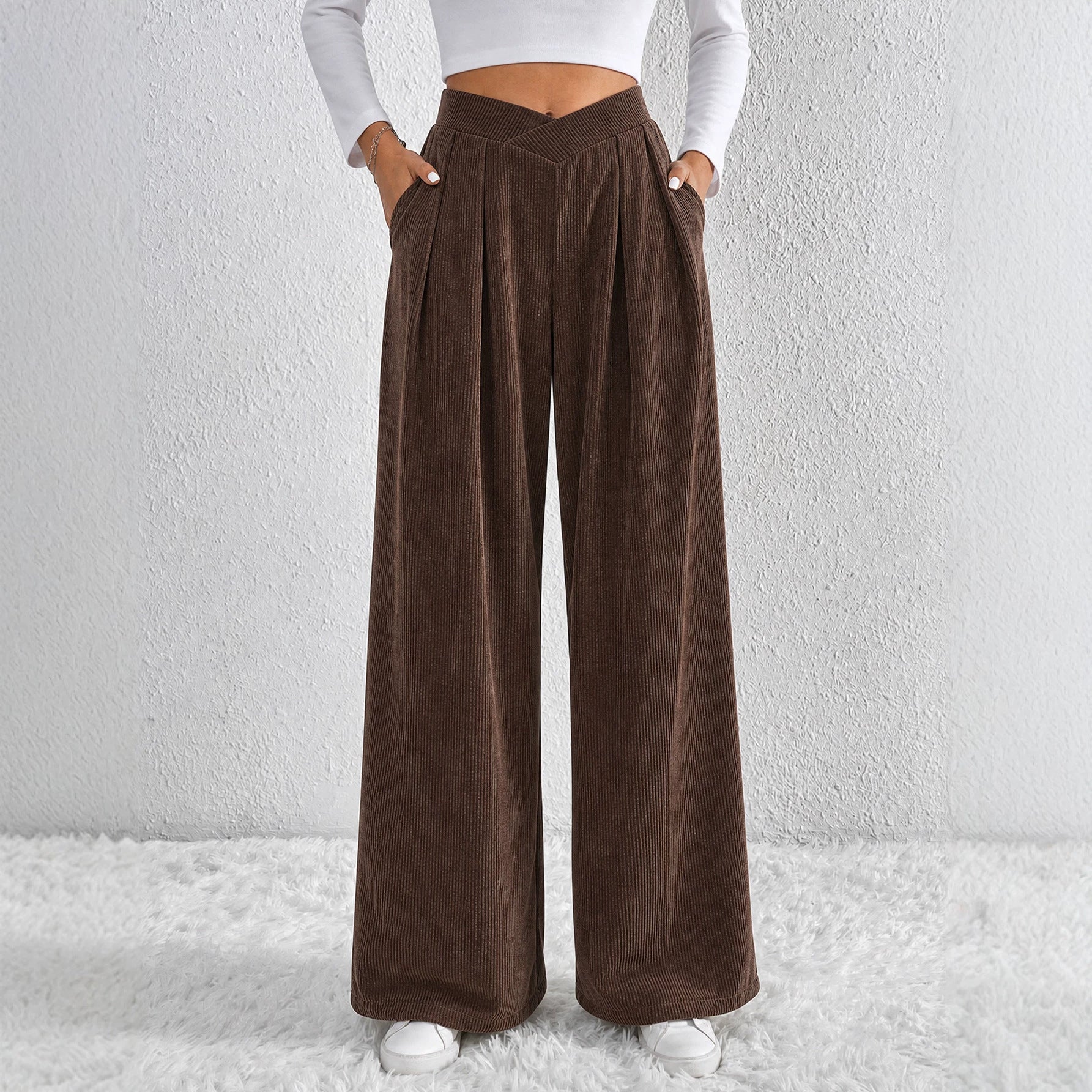 Autumn Winter Retro Coffee Color Wide Leg Pants Women V Shaped Waist Pleated Casual Loose Trousers