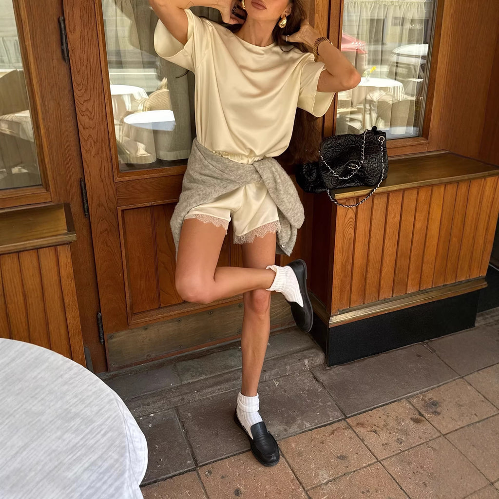 Spring Summer Glossy round Neck Loose Pullover Short Sleeved T shirt Women Lace Stitching Shorts Set