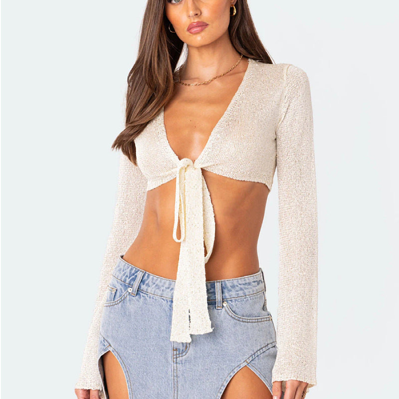 Women's V-Neck Cropped Knit Cardigan