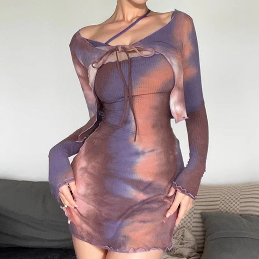 Women's Fall Knotted Short Outerwear Bra Top Tight Waist Sheath Set