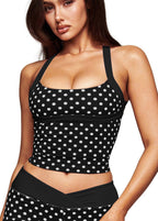 Black polka-dot halter bra with scoop neckline and layered stretch band