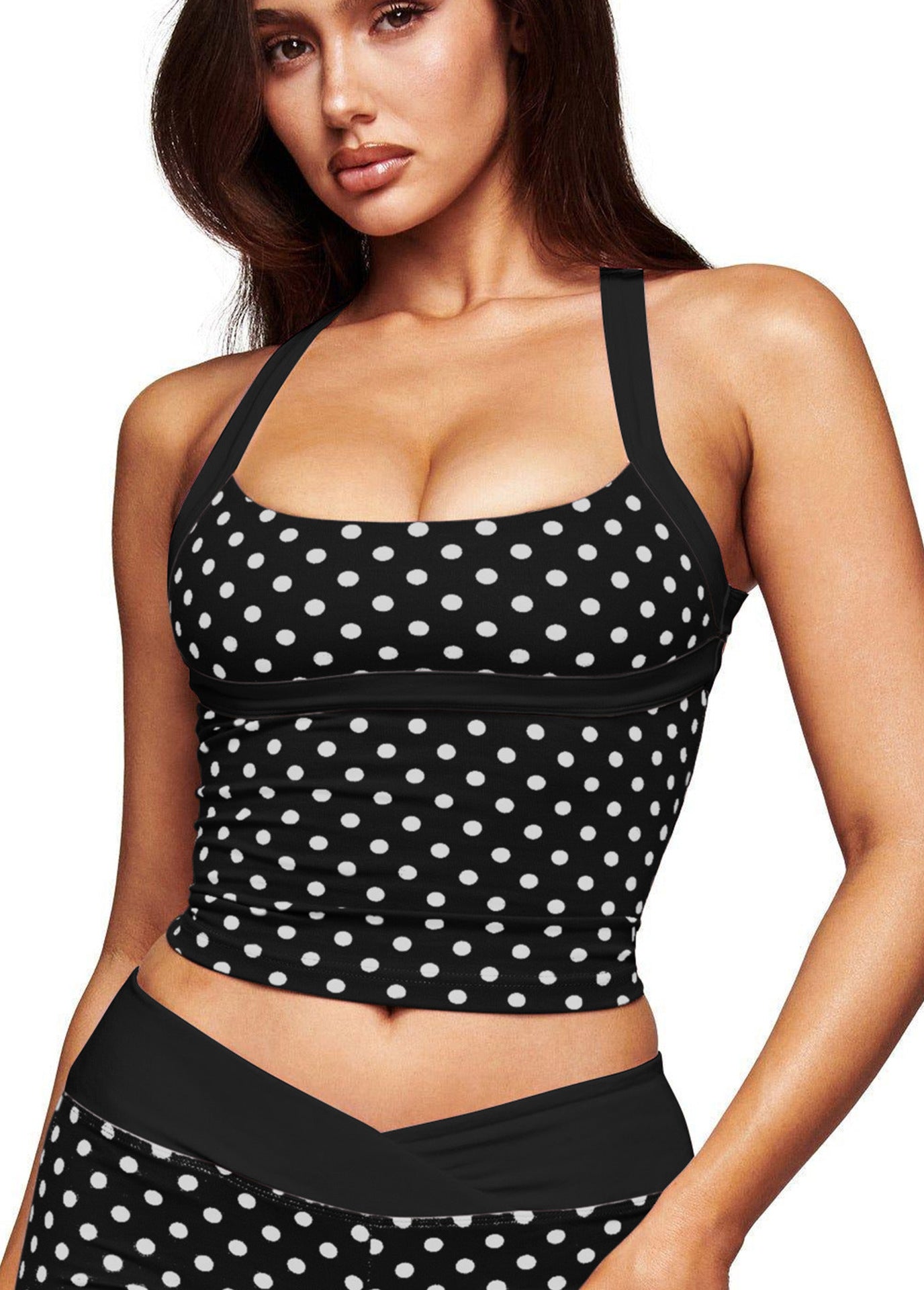 Black polka-dot halter bra with scoop neckline and layered stretch band