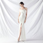 Women's Art Bag Buckle Hand Ordered Ostrich Feather Satin Long Evening Dress
