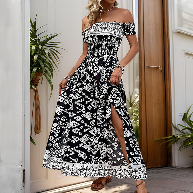 's Summer Striped Off Neck Split Dress