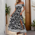 's Summer Striped Off Neck Split Dress