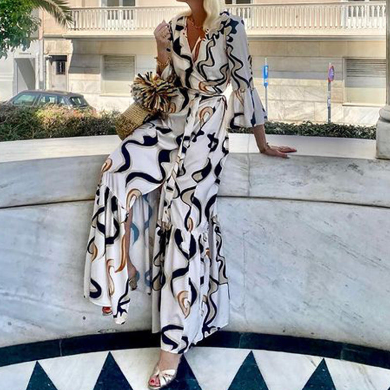 Autumn Long Sleeve Printed Loose Mid Length Holiday Dress