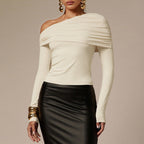 Women's Asymmetric One Shoulder Off Shoulder Pleated Long Sleeved T Shirt Women Slim Fit Slimming High Grade Off Shoulder Top