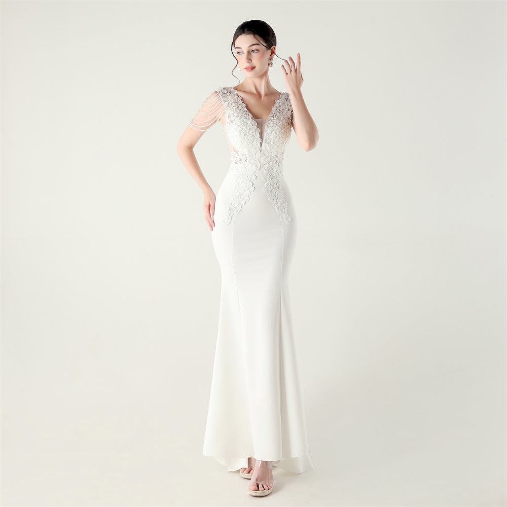 Women's Beaded Corset Tassel Evening Dress