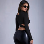 Women's Autumn Half High Collar Pairs Hollow Out Cutout Long-Sleeve T Shirt Slim Fit Slimming Short Top