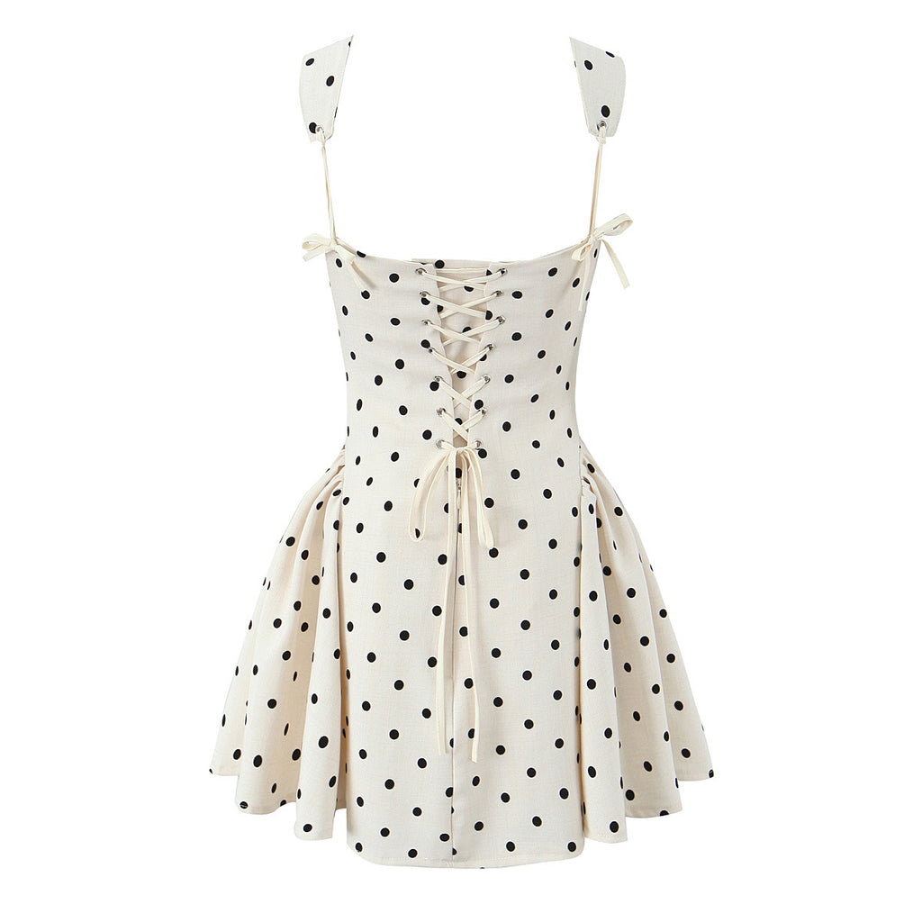 Flocking Polka-Dot Brace Pure Bandage Waist-Defined Puff Short Dress