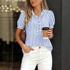Women's Button Puff Sleeve Office Striped Shirt