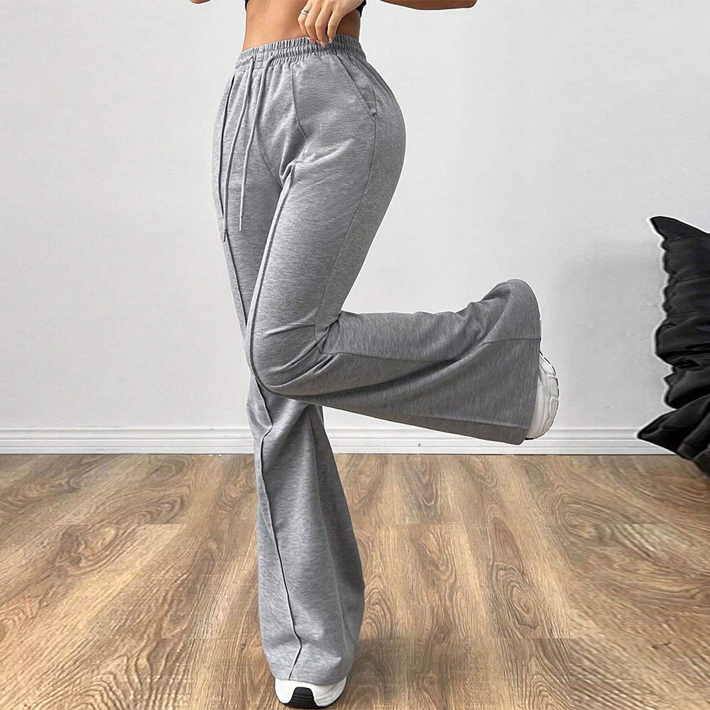 Simple Office Casual Pants Drawstring Elastic Waist Slim Wide Leg