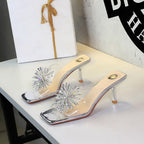 Rhinestone Fireworks Square Toe Open Toe Slippers Transparent Slip On