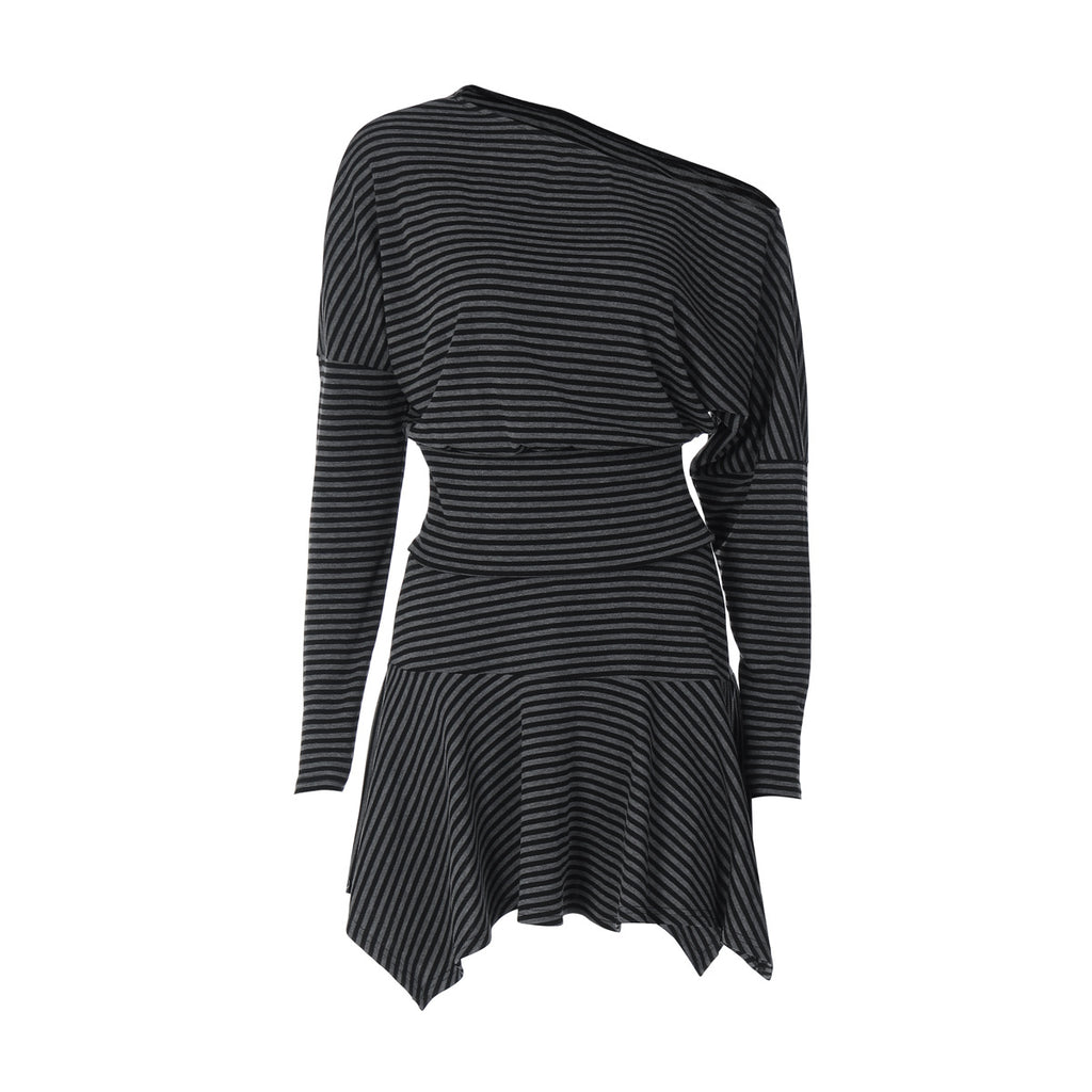 Street Contrast Color Striped Slim Fit off Shoulder Long T shirt Asymmetric Skirt Outfit Women