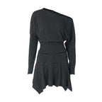 Street Contrast Color Striped Slim Fit off Shoulder Long T shirt Asymmetric Skirt Outfit Women