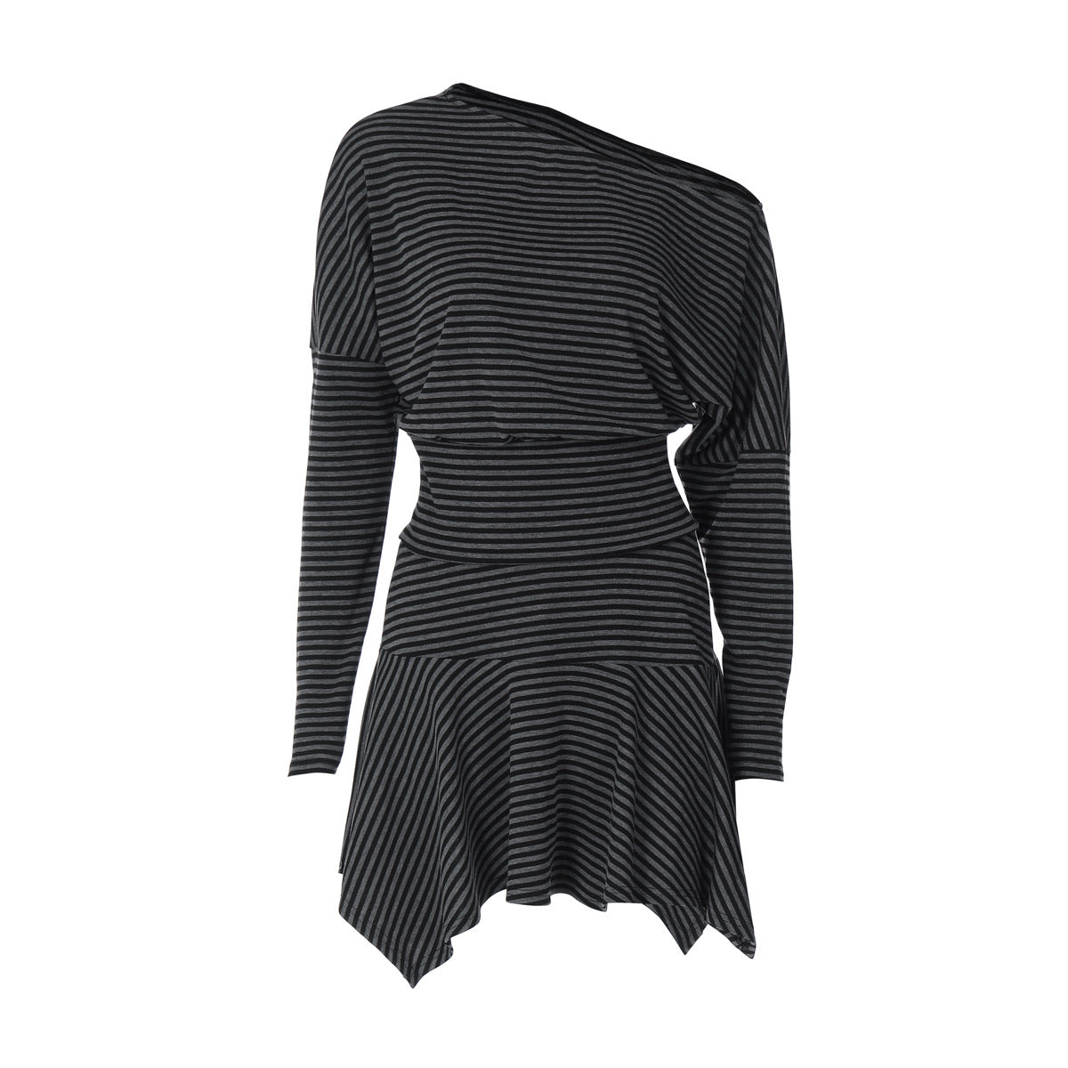Street Contrast Color Striped Slim Fit off Shoulder Long T shirt Asymmetric Skirt Outfit Women