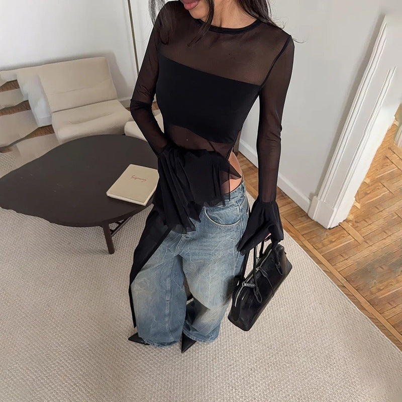 Spring Sexy Mesh See through Slim Fit Cropped Outfit round Neck Flared Sleeves Top