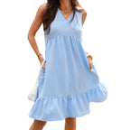 Sky blue pleated sleeveless dress with V-neck and tiered ruffle hem