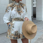 Autumn Winter Printed Long-Sleeved Top Shorts Suit Two-Piece Set