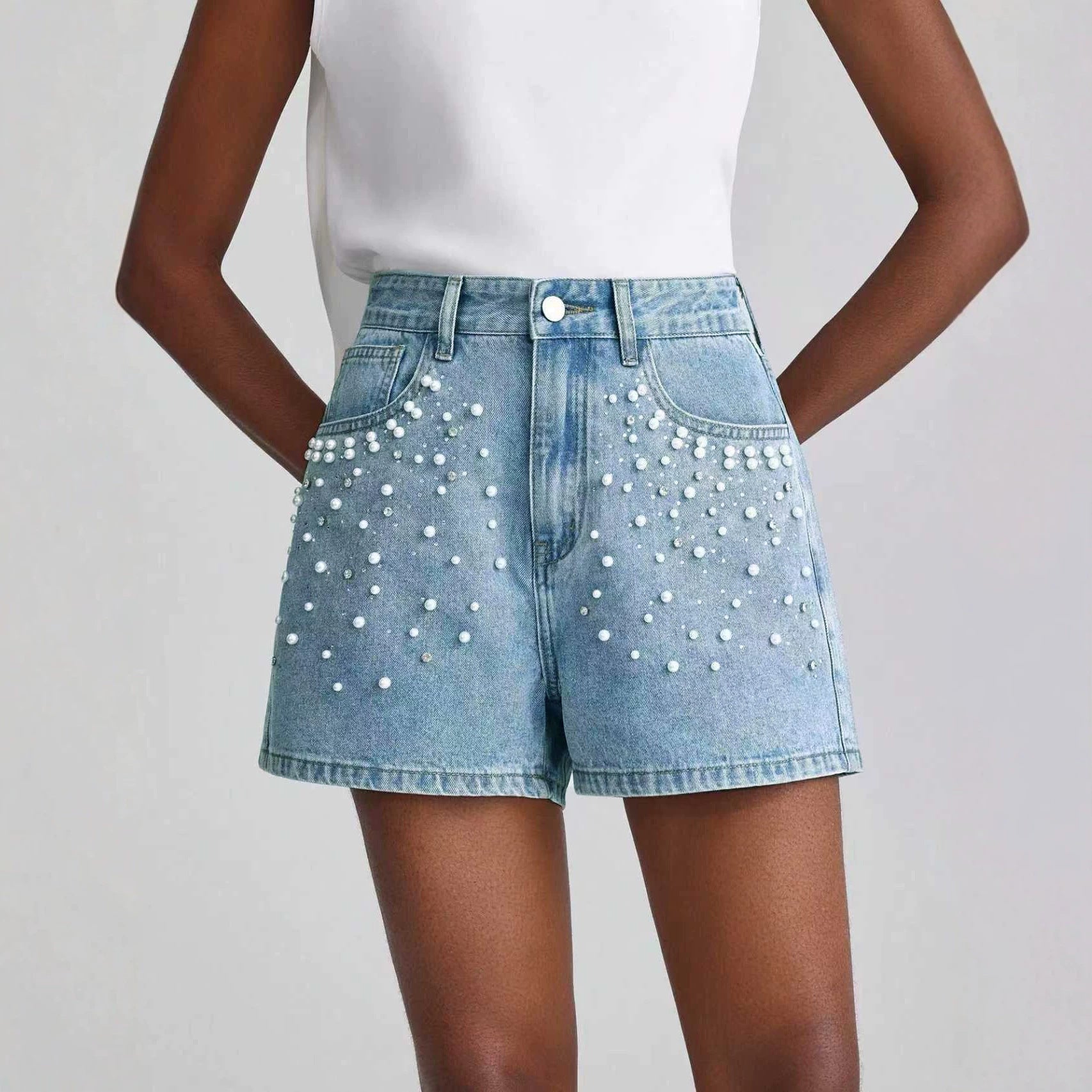 Rhinestone Denim Shorts Heavy Industry Beads Cropped Jeans