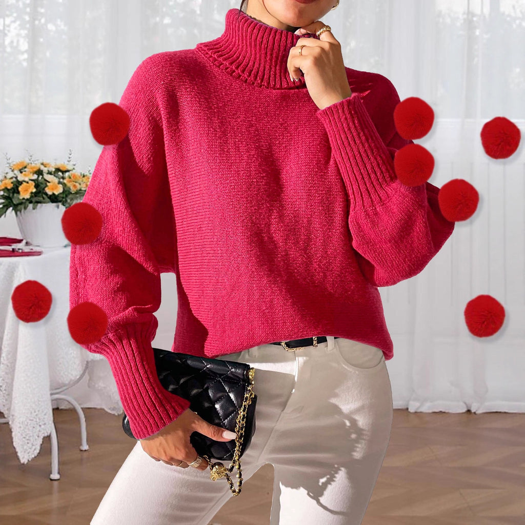 Women Base Autumn Winter Women Batwing Sleeve Red Shirt Fur Ball Stitching Turtleneck Pullover