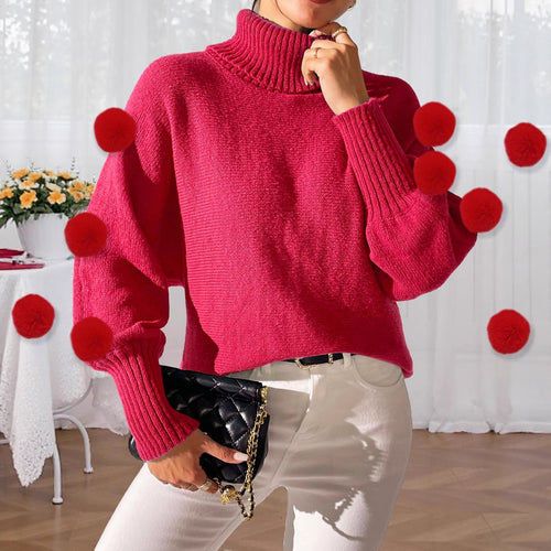 Red knit turtleneck pullover with ribbed hem, batwing sleeves, pom pom trim