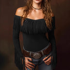 Women's Spring Autumn Women Clothing Tassel Top Long Sleeve Retro Tight Sexy